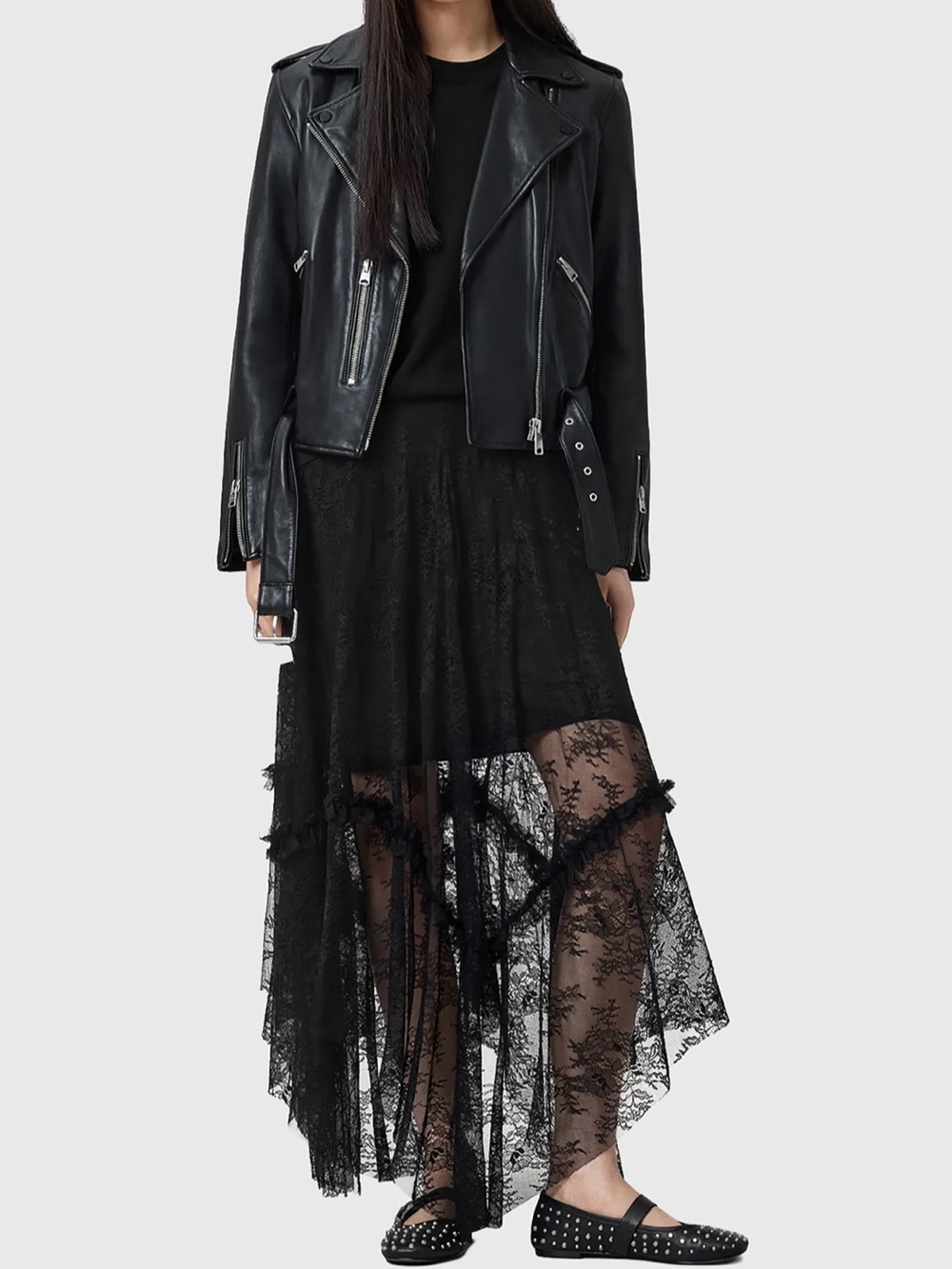 NWT All Saints Josie Lace Midi Skirt Black 6